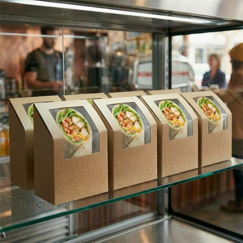 Multiple Zeropac wrap boxes displayed in cafe counter refrigerated case
