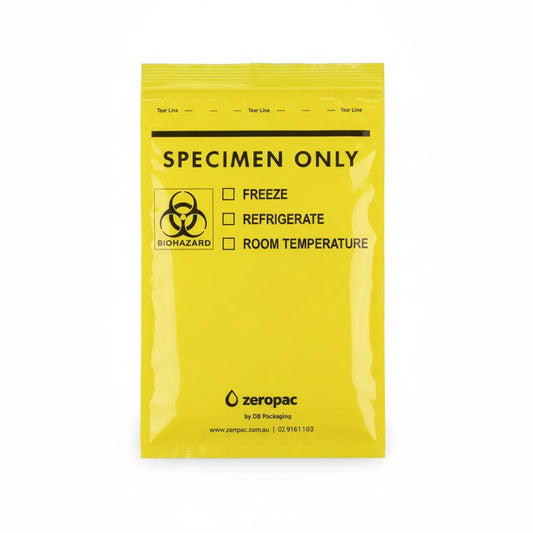 A full-view product shot of a yellow "zeropac" specimen bag featuring a biohazard symbol, storage checkboxes, and company contact details.