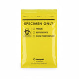 A full-view product shot of a yellow "zeropac" specimen bag featuring a biohazard symbol, storage checkboxes, and company contact details.