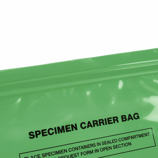 Close-up of the green plastic zip-seal top and printed "Specimen Carrier Bag" text on a Zeropac product.