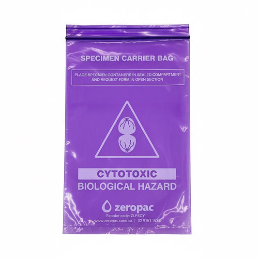 Front view of a purple Zeropac cytotoxic biological hazard specimen bag for specialized medical waste handling.