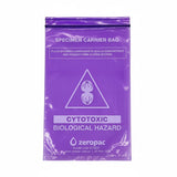 Front view of a purple Zeropac cytotoxic biological hazard specimen bag for specialized medical waste handling.