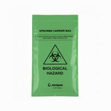 A flat lay of a green Zeropac biological hazard specimen bag with black printed safety instructions.