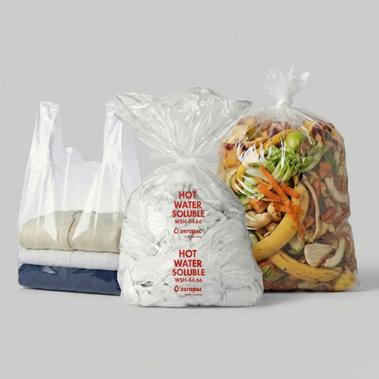 Zeropac water-soluble bags product range showing dissolvable packaging options