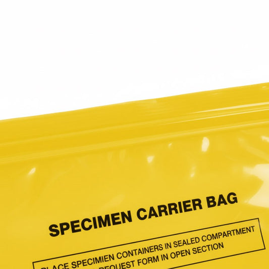 Macro close-up of the yellow plastic zip seal on a Zeropac specimen carrier bag showing the texture of the closure.