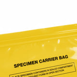 Macro close-up of the yellow plastic zip seal on a Zeropac specimen carrier bag showing the texture of the closure.