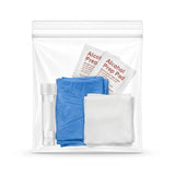 Zeropac ziplock containing alcohol prep pads and medical gauze