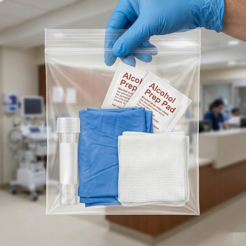Hand in blue glove holding ziplock with first aid supplies in hospital